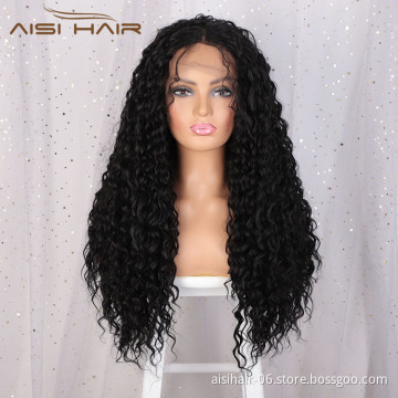 Aisi Hair 24 Inch Long Curly Wave Natural Black Swiss Lace Wig Afro Kinky Style Synthetic Lace Frontal Hair Wigs For Black Women